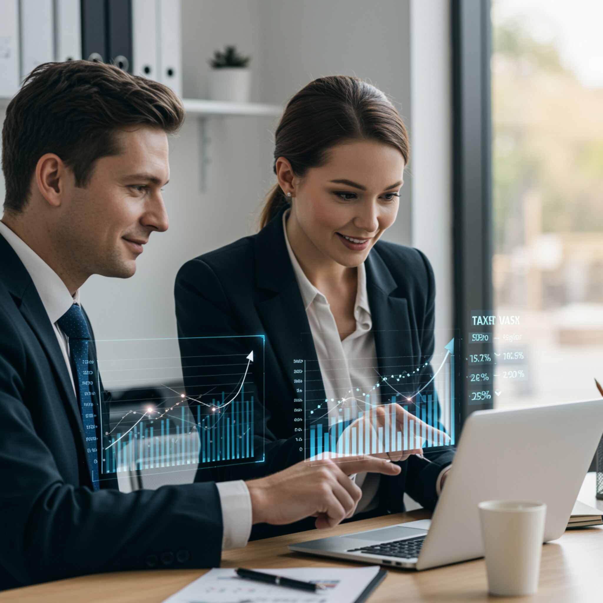 "Ilustración digital realista de un propietario de pequeña empresa y una asesora fiscal en una oficina moderna, destacando asesoría financiera efectiva y optimización fiscal."