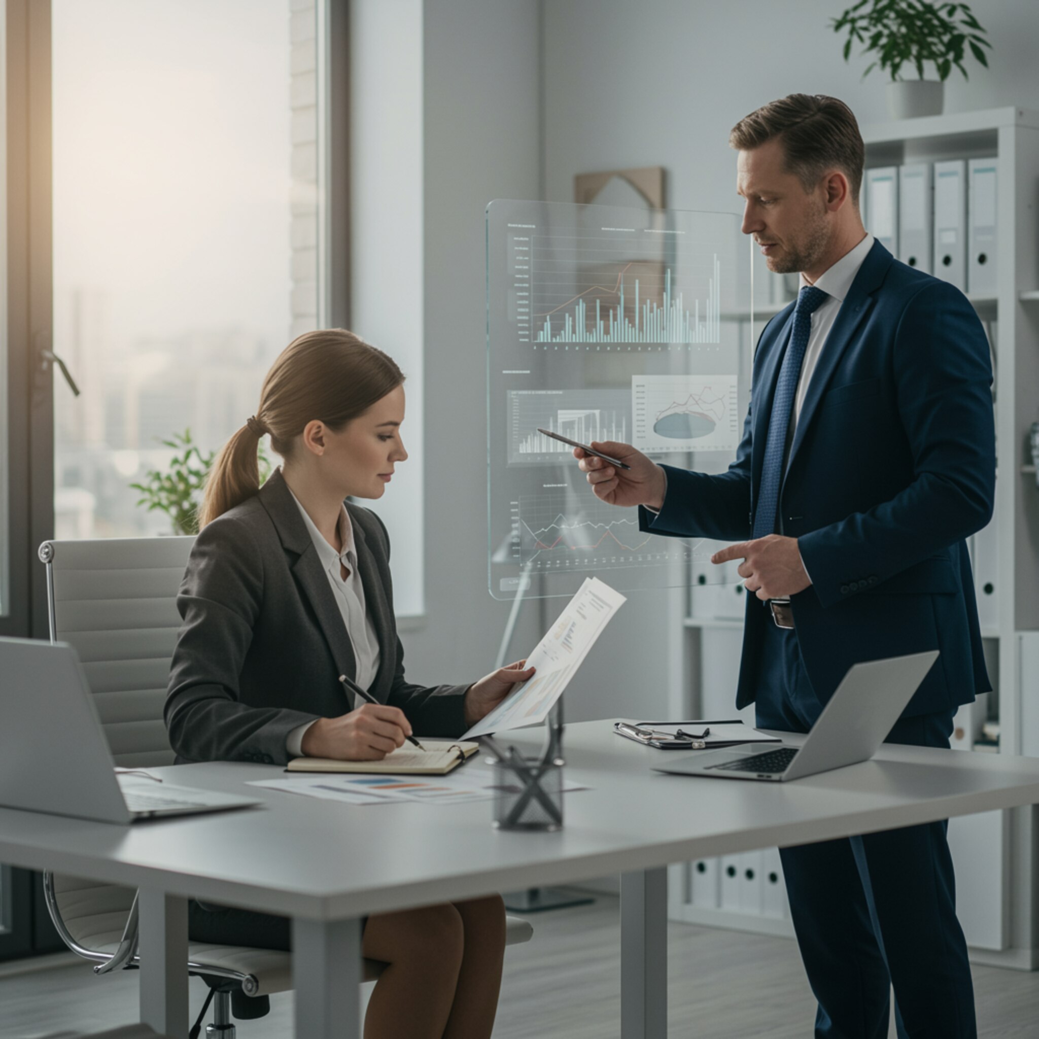 "Ilustración digital ultra-realista de una oficina corporativa moderna, donde un asesor financiero masculino presenta gráficos claros en una pantalla digital mientras una clienta revisa informes contables, todo en un ambiente profesional y luminoso."