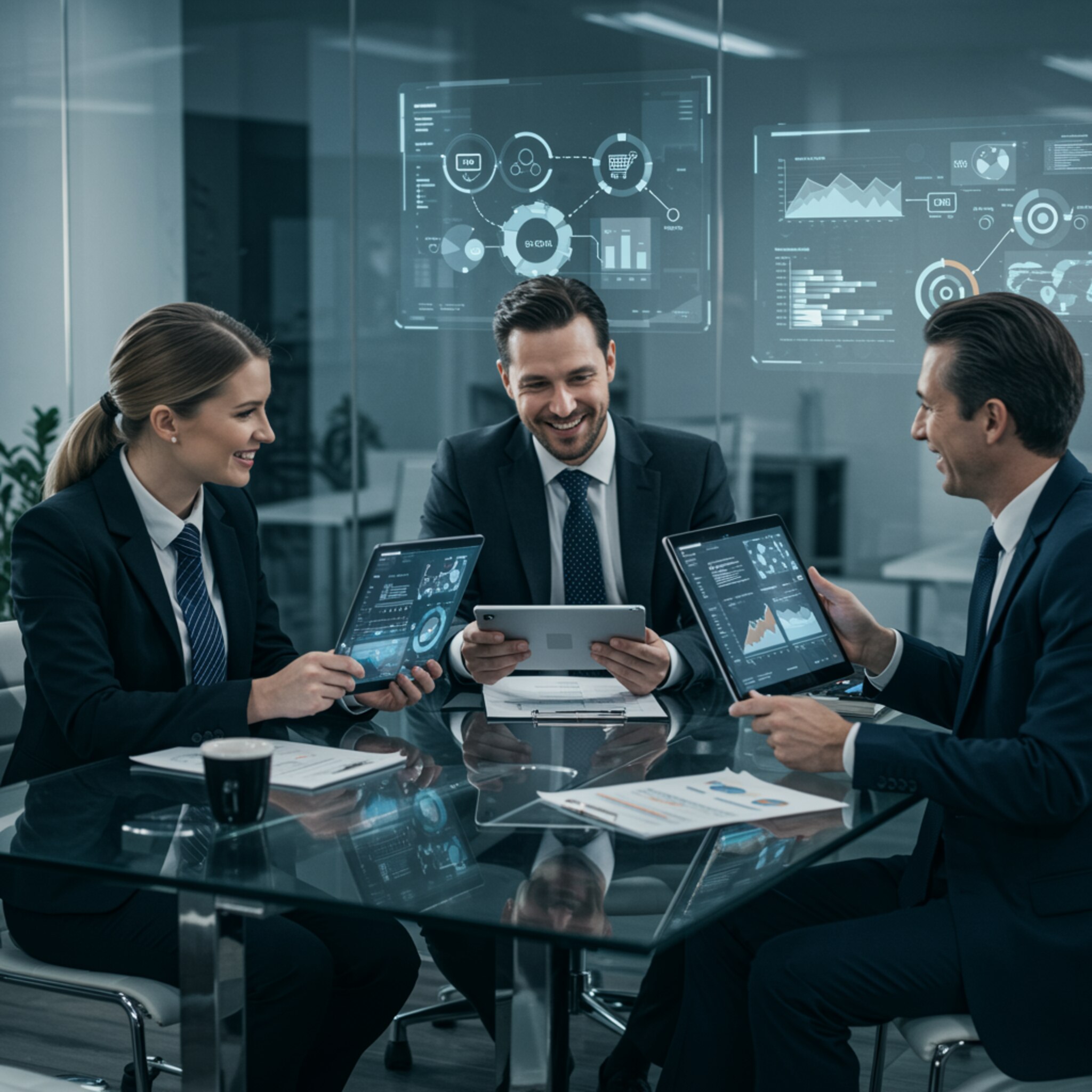 "Equipo de profesionales blancos en reunión, analizando gráficos en tablets y un panel digital, simbolizando innovación y colaboración en servicios fiscales y laborales."